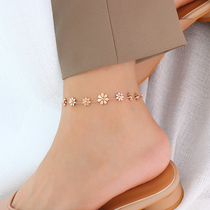 Titanium Steel Plated 18k Simple Flower Anklet