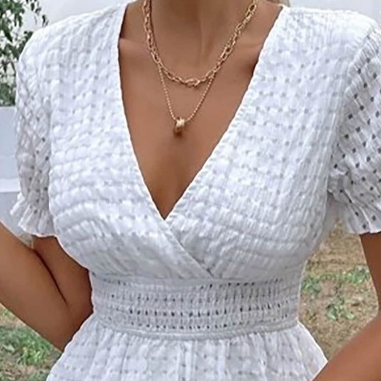 White Deep V-neck Waffle Bohemian Dress