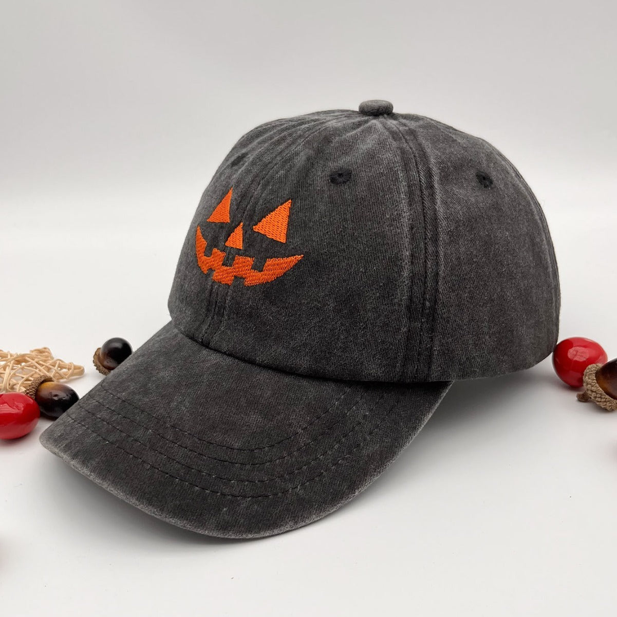 Washed Cotton Men's And Women's Casual Halloween Embroidery Pumpkin Smiley Baseball Cap