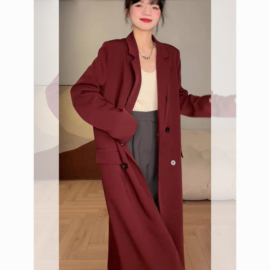 High-grade Red Mid-length Suit Woolen Coat For Women