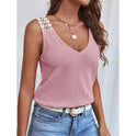 Waffle V-Neck Vest Sleeveless Lace Tank Shirt Tops Summer