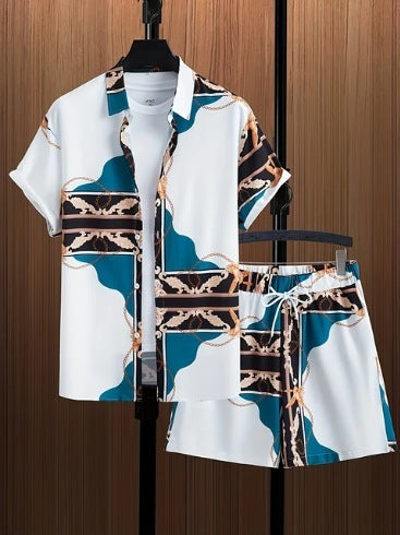 Printed Casual Men's Shirt And Shorts Two-piece Set