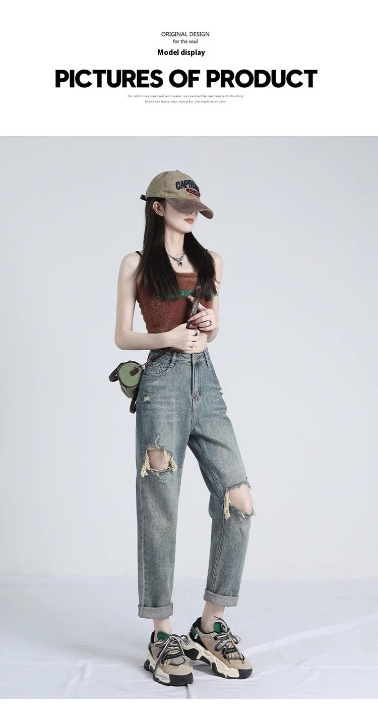 Ripped Daddy Jeans For Women Spring And Autumn 2024 New High Waist Loose Small