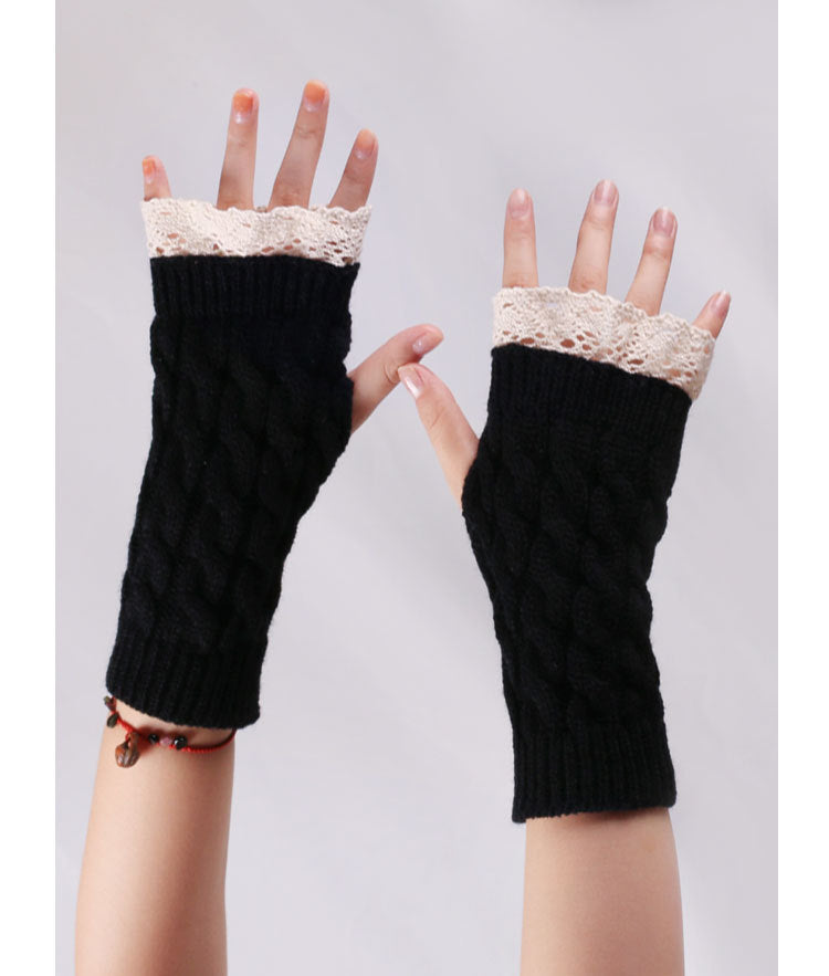 Women's Warm Lace Lengthened Knitted Half-finger Gloves