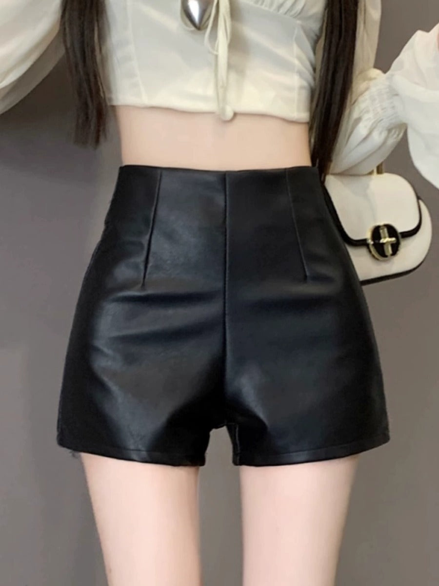 Women's High Waist Outer Wear Slimming PU Leather Shorts