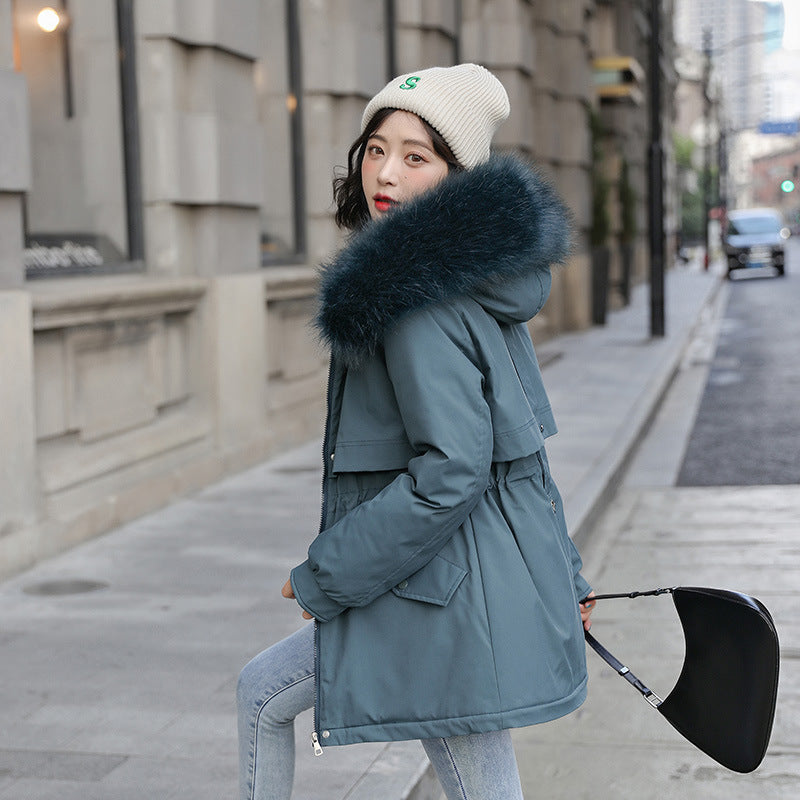 Big Fur Collar Loose Cotton-padded Fleece-lined Thickened Parka Cotton Clothing