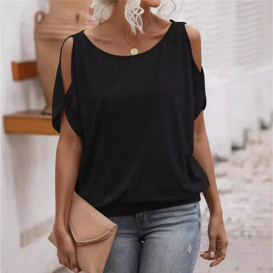 Women's Round Neck Off-the-shoulder Lace-up Top T-shirt