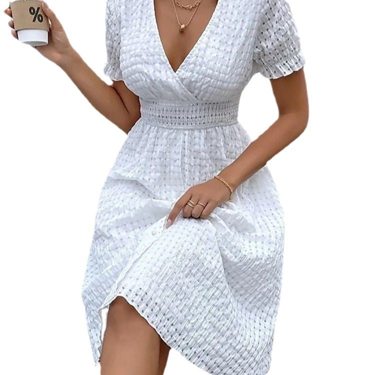 White Deep V-neck Waffle Bohemian Dress