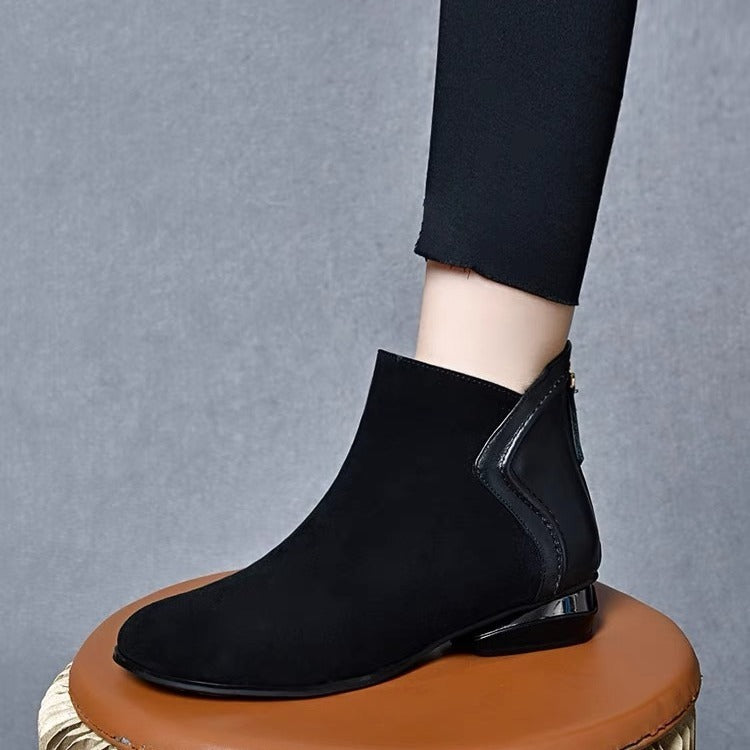 Soft Leather And Velvet Frosted Round Toe Low Heel Ankle Boots