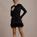 Women's Long Sleeve Sequined Feather Dress Round Neck