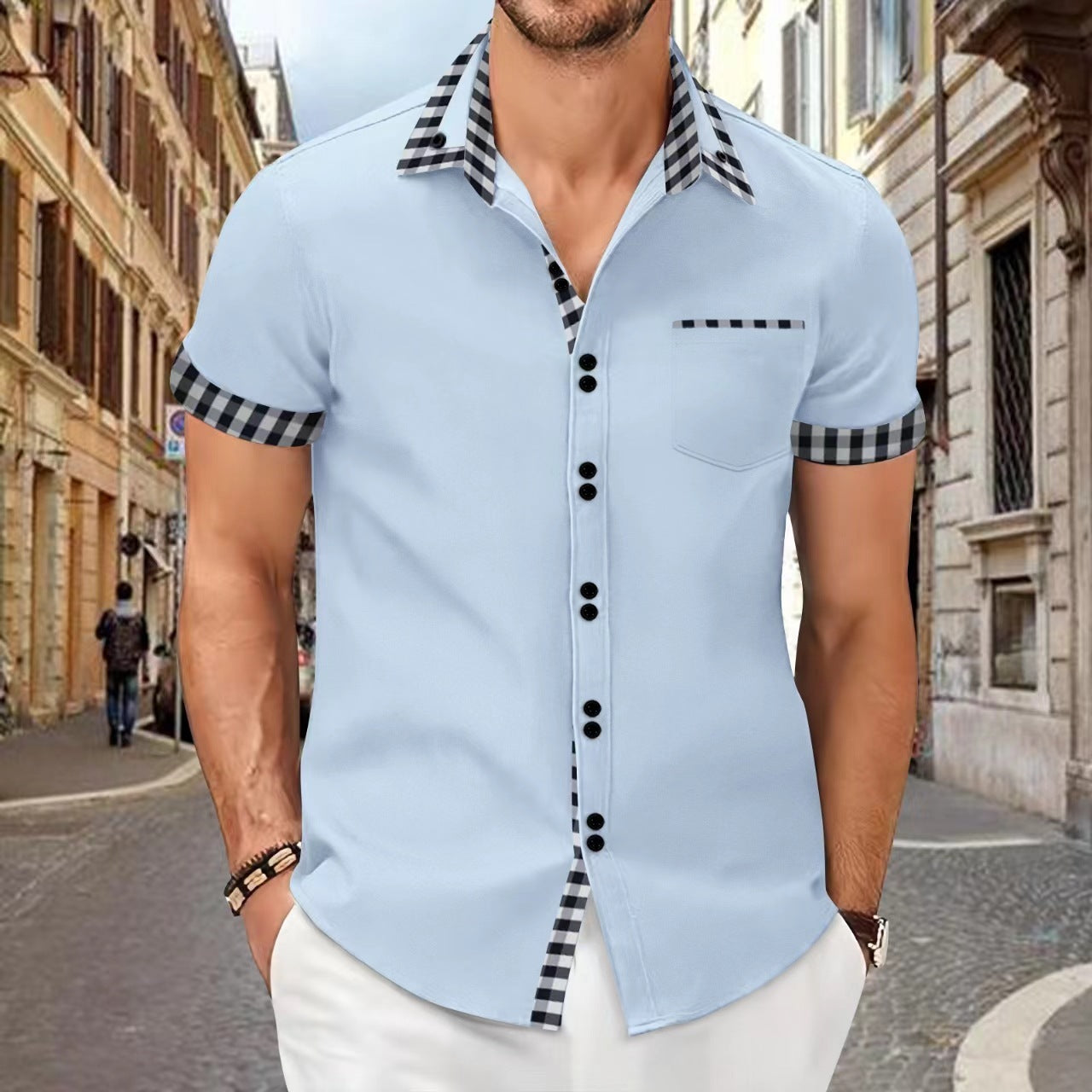 Men's Shirt Casual Pocket Stitching Contrast Color Top