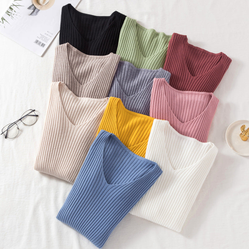 New V-neck Long Sleeve Base Knitting Autumn All-matching Slim Fit Tight Pullover Sweater