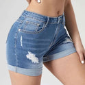 Women's Fashion Holes Curling High Elastic High Waist Denim Shorts