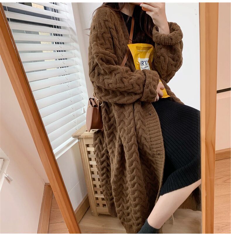 Loose Casual Mid Length Solid Color Sweater Cardigan