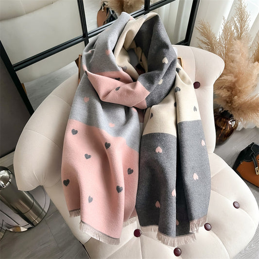 Women's Double-sided Small Love Color Matching Printed Artificial Cashmere Scarf All-matching Warm Bib Shawl