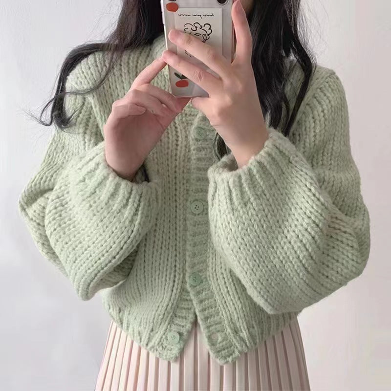 Women's Round Neck Lantern Sleeve Knitted Cardigan