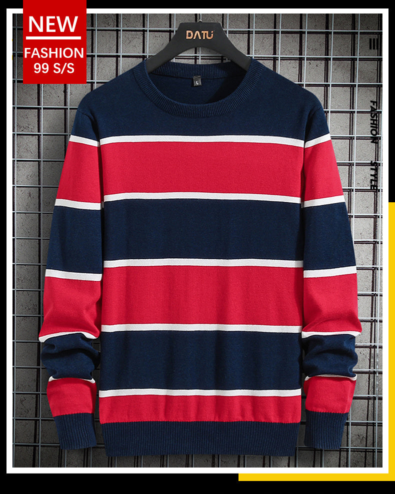 Men's Plus Velvet Thick Knit Sweater Bottoming Shirt Striped Contrast Color Warm Clothes