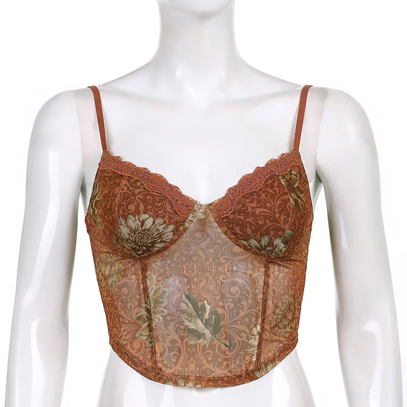 Bohemian Niche Printed Mesh Brown Underwear Spaghetti-strap Slip