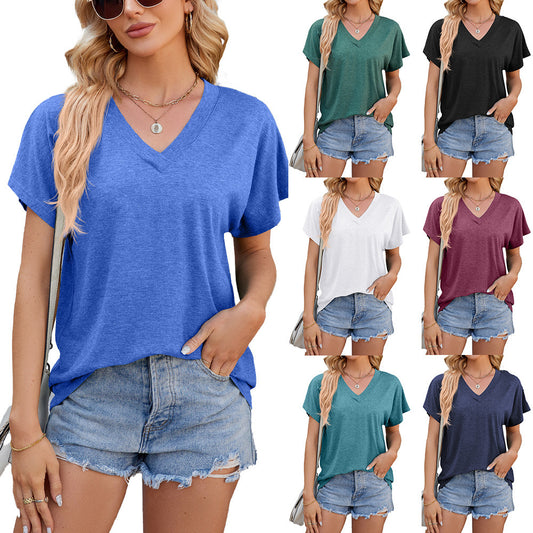 Summer Women's V-neck Loose Short Sleeve T-shirt Top