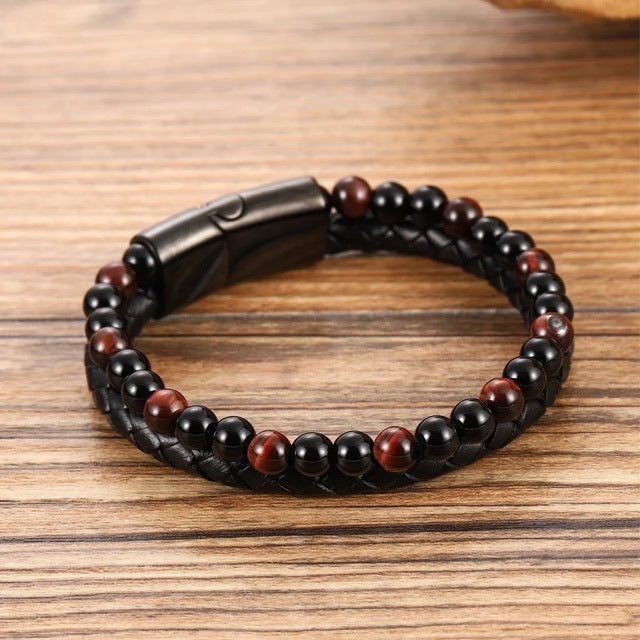 Genuine Leather Stainless Steel Magnetic Buckle Leather Bracelet Natural Tigereye