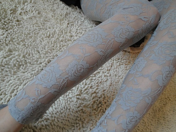 Transparent Hollow Rose Lace Ankle-length Black Leggings