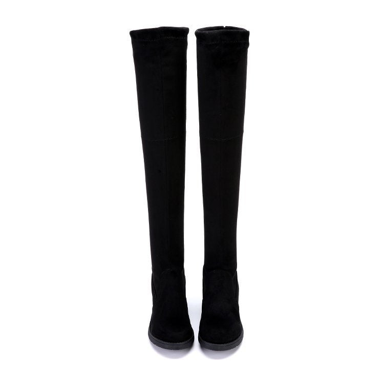 Below-the-knee Length Flat Mid Heel Stretch High Boots