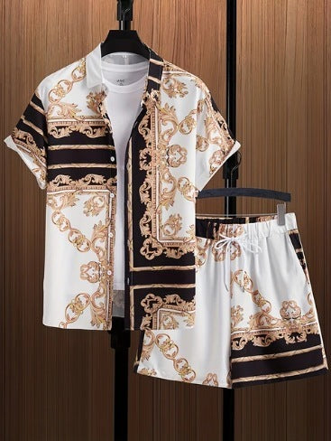 Printed Casual Men's Shirt And Shorts Two-piece Set