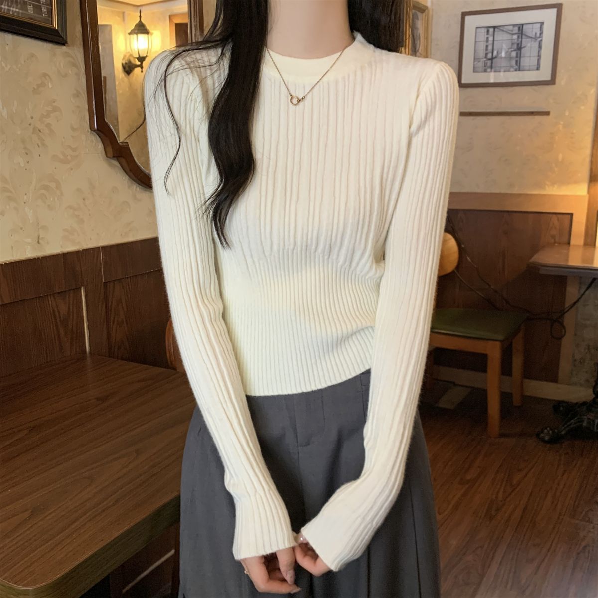 Korean Style Sunken Stripe Round Neck Long Sleeve Sweater