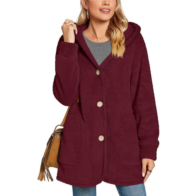 European And American Plush Hooded Button Pocket Cardigan Casual Coat