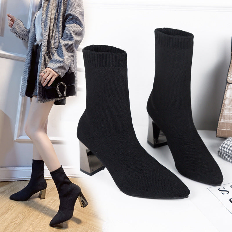 Thick Heel Elastic Thin Net Red Socks Boots Mid-tube Pointed Toe High-heeled Short Boots Women