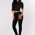 Women's Fashion Embroidery Ripped Black Denim Elastic Pants