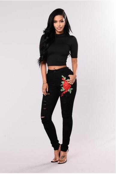 Women's Fashion Embroidery Ripped Black Denim Elastic Pants