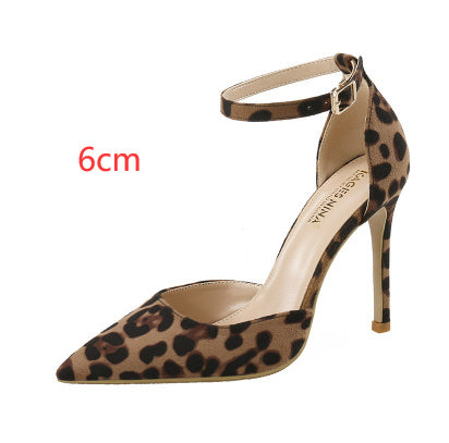 European And American Hollowed Sandals Women's Word With Pointed Toe Stiletto Leopard Print