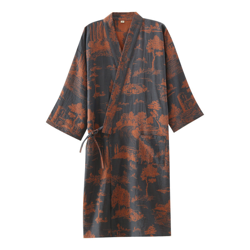 Men's Cotton Gauze Kimono Long Dress Bathrobe