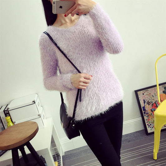 Women's Clothing Super Soft Candy Color No Pilling Mohair Crew Neck Pullover Sweater