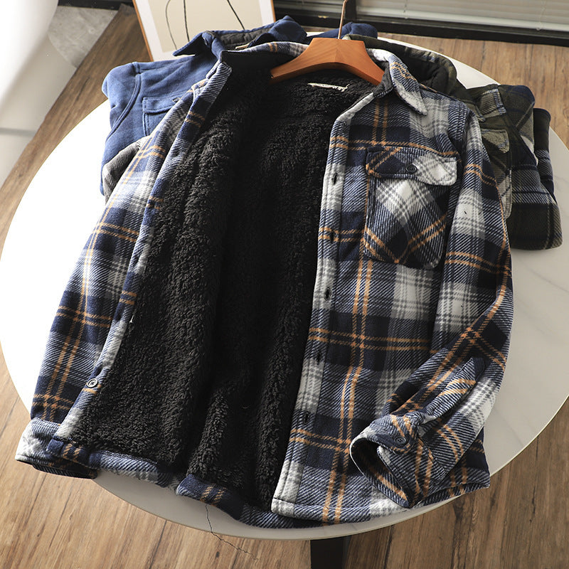 Fleece Lined Padded Warm Keeping Loose Lamb Wool Plaid Shirt