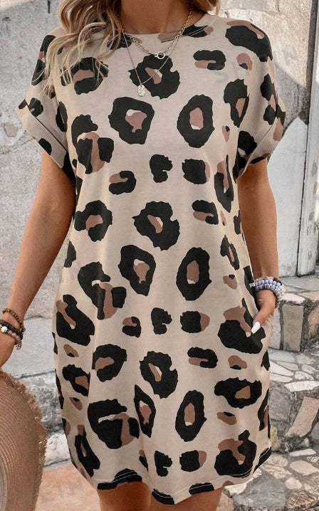 Women's Leopard Print Batwing Sleeve Holiday Beach Casual Dress