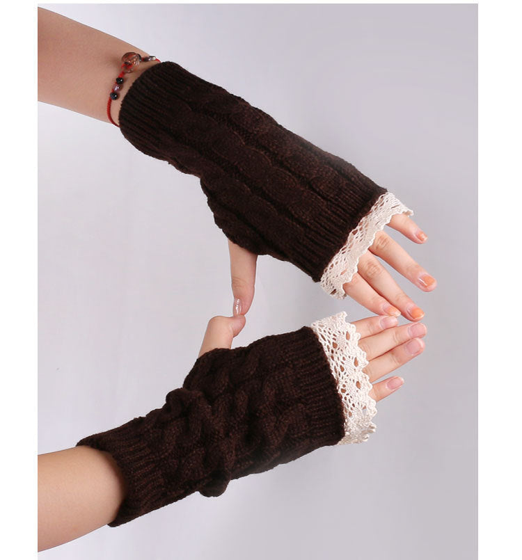 Women's Warm Lace Lengthened Knitted Half-finger Gloves