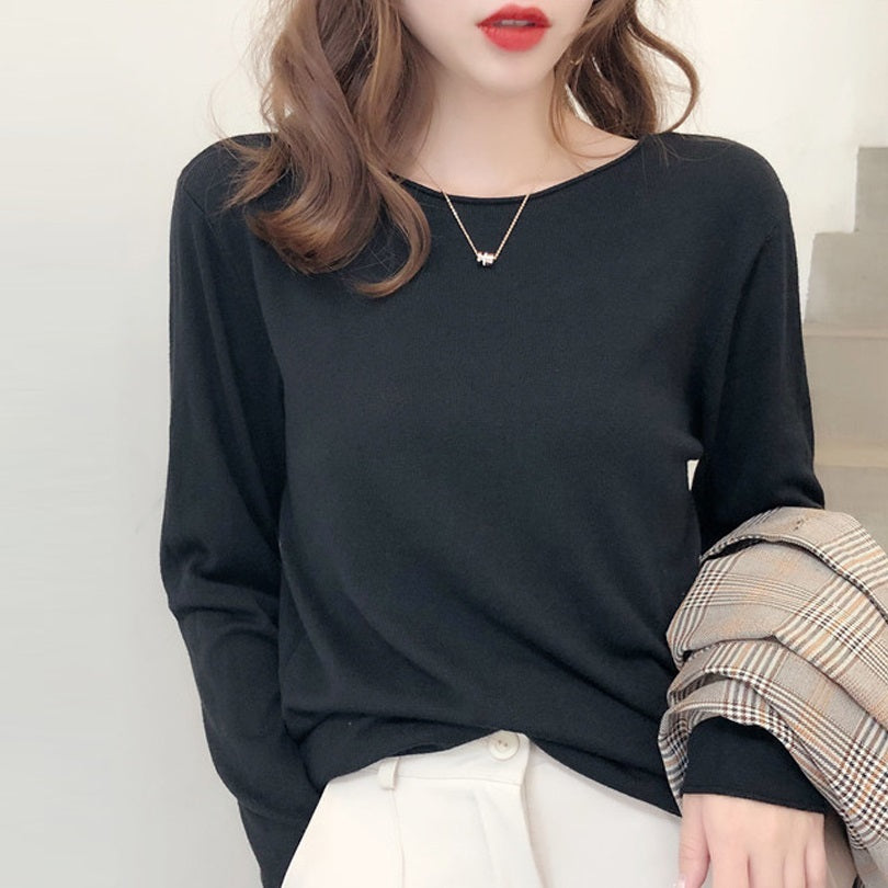 Women's Fashion V-neck Knit Thin Long-sleeved Top T-shirt