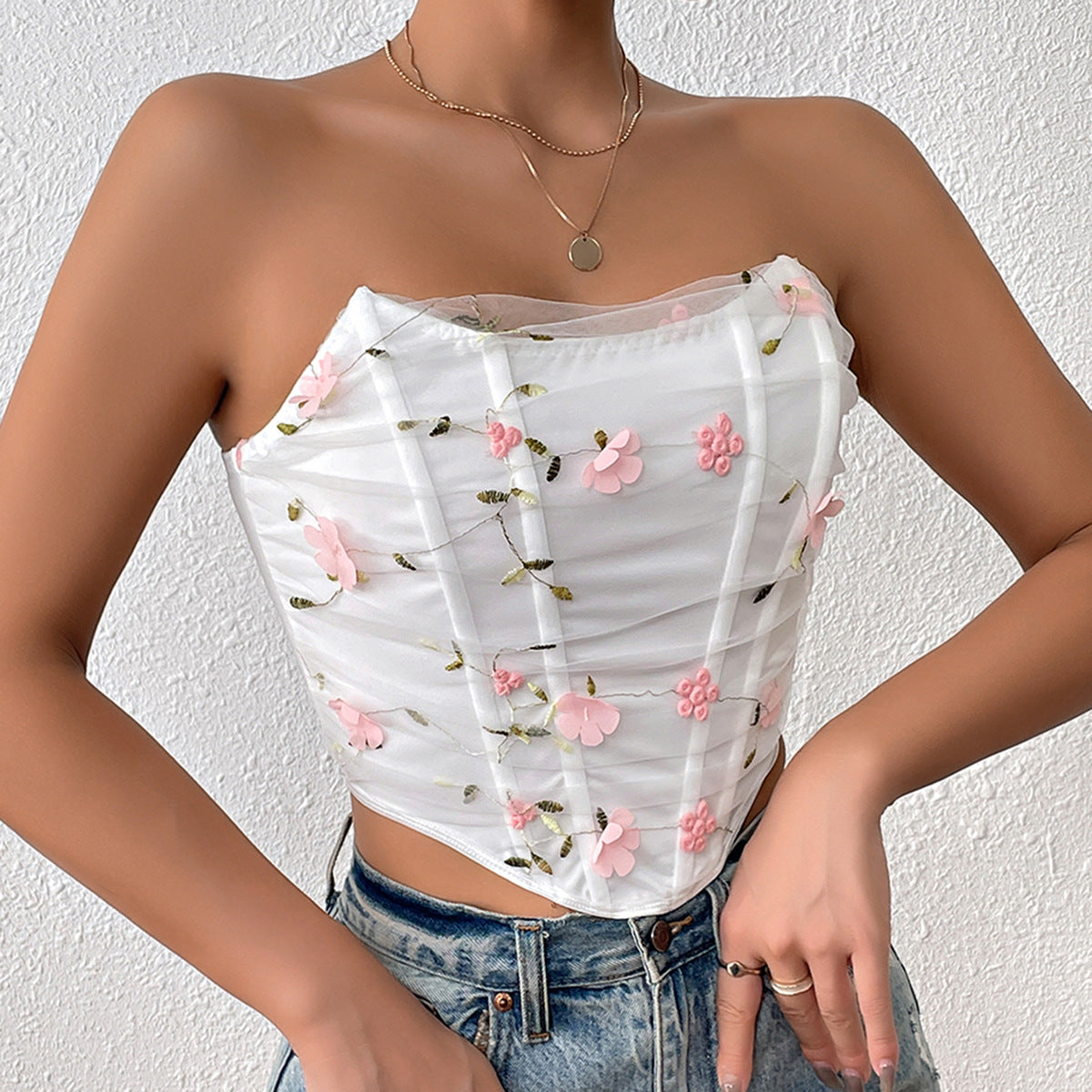 Flower Embroidery Fishbone Short Mesh Outer Wear Tube Top