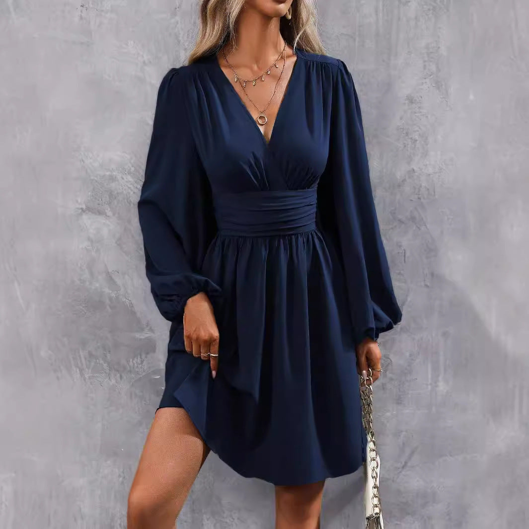 Diagonal Collar Lantern Sleeve Pleated Waist Dress