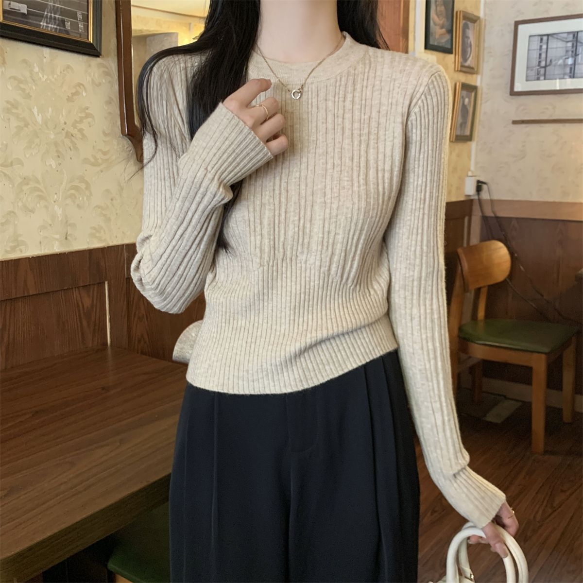 Korean Style Sunken Stripe Round Neck Long Sleeve Sweater