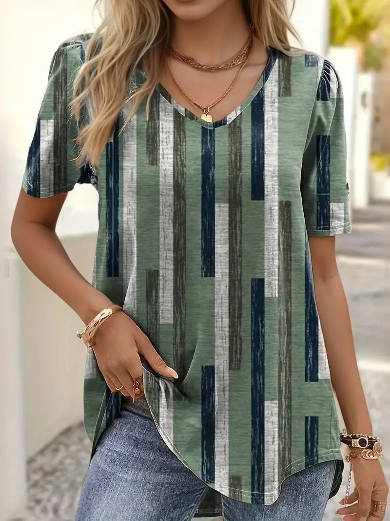 Women's Striped 3D Printed V-neck Casual And Comfortable Short Sleeve