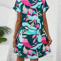 Colorful Floral Printed Cardigan, Short Sleeved Lining Dress