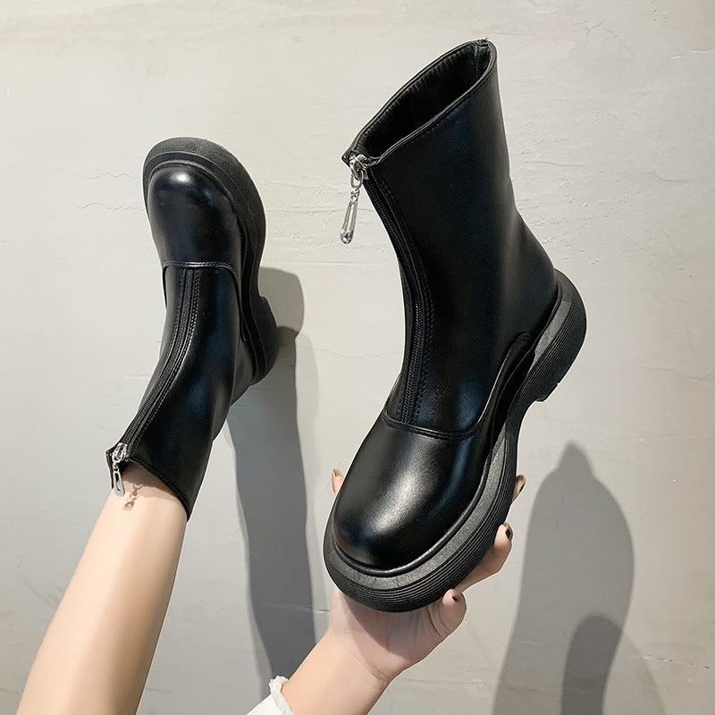 Autumn And Winter New Fashion Leather Thick-soled Front Zipper Ankle Boots