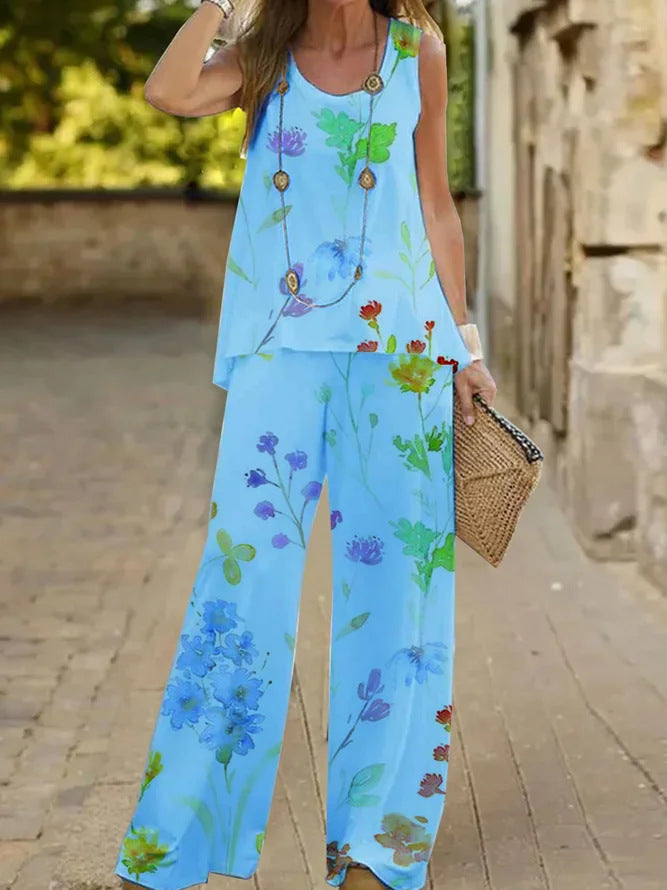 Women's Fashion Printed Casual Vest Trousers Two-piece Suit