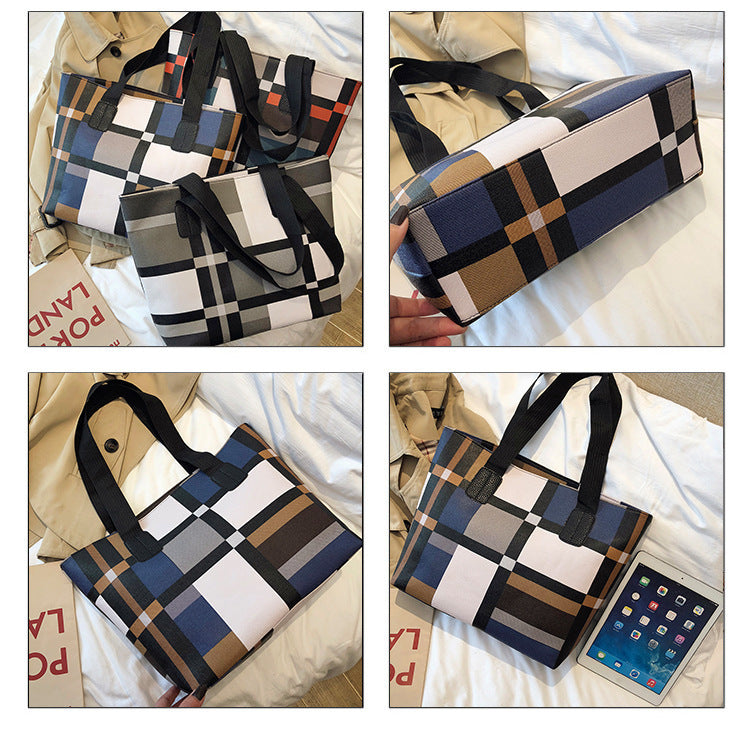 PU Shoulder Fashion Plaid Large Capacity Shopping Bag