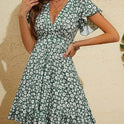 V-neck Waist-tight Large Flower Ruffled Plant Flower Dress