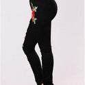 Women's Fashion Embroidery Ripped Black Denim Elastic Pants