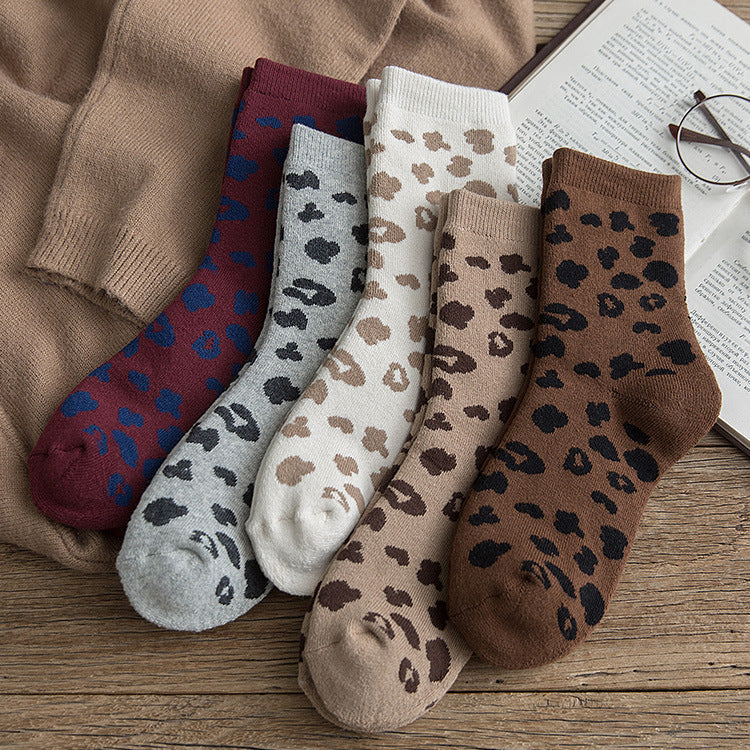 Women's Spotted Leopard Print Terry-loop Hosiery Cotton Middle Tube Socks